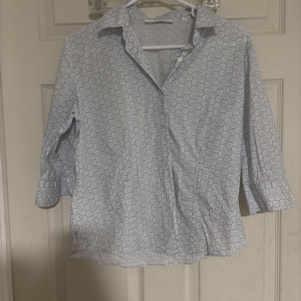 Amina Rubinacci Blue Geometric Cotton Blend Button Up Blouse Size 44